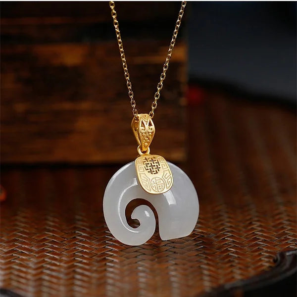Boutique Natural Stone Hetian Jade Elephant Pendant 18K Gold Plated