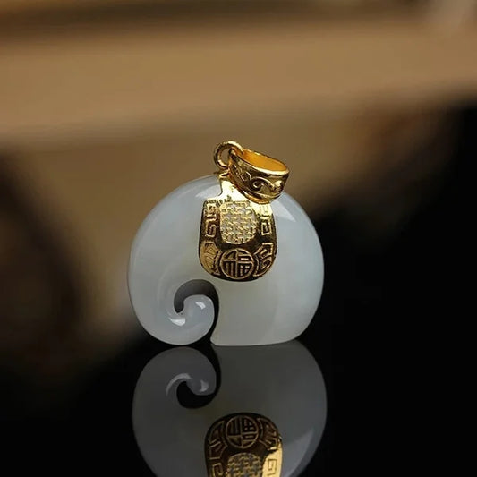 Boutique Natural Stone Hetian Jade Elephant Pendant 18K Gold Plated