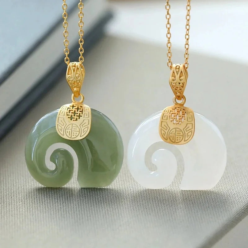 Boutique Natural Stone Hetian Jade Elephant Pendant 18K Gold Plated